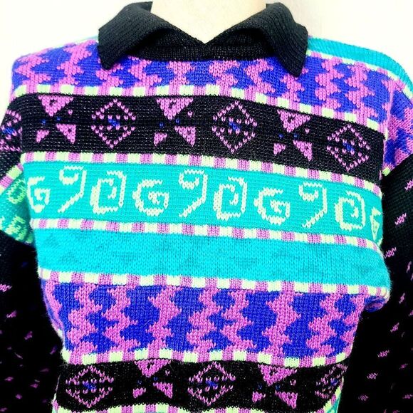 Vintage Demetre Ski Sweater S Black Fluorescent Multi Wool Blend Knit Mock Neck - Picture 2 of 7